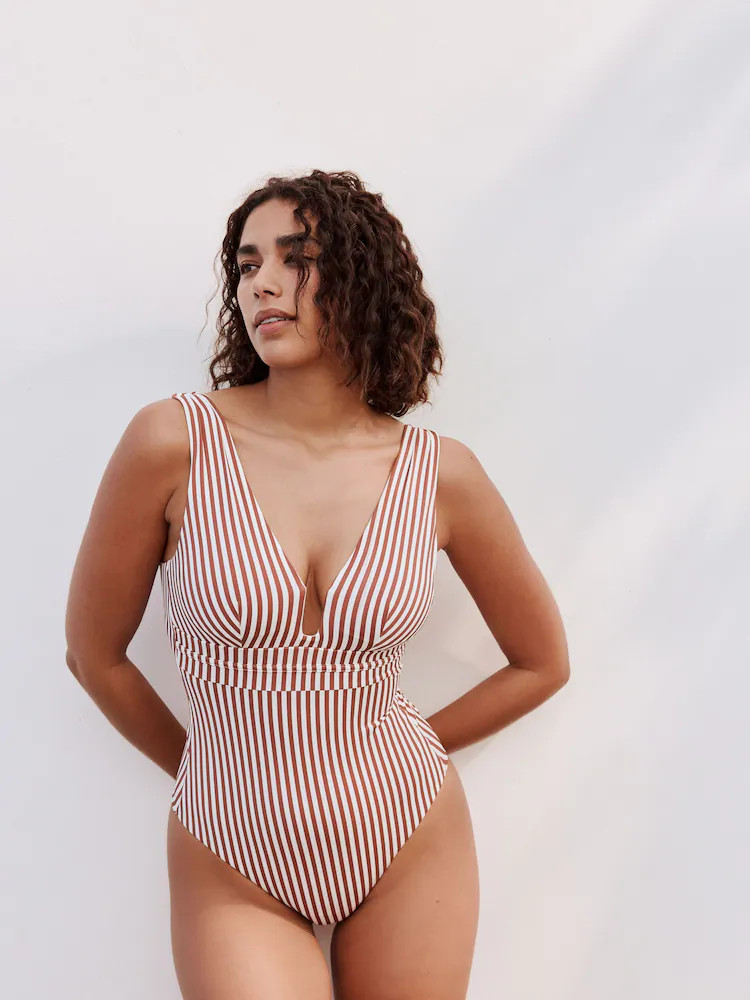 Rose/White Stripe Plunge Shaping Tummy Control Swimsuit | Next EU