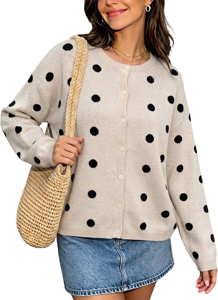 Womens Polka Dot Cardigan Sweater Crewneck Open Front Knit Top | Amazon (US)