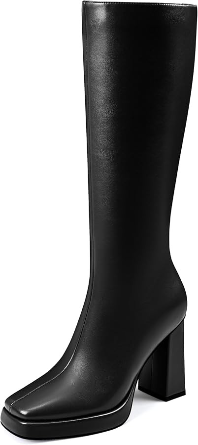 MIRAAZZURRA Platform Boots for Women Knee High Square Toe Chunky High Heel Tall Fall Boots Side Z... | Amazon (US)