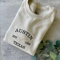 Embroidered Austin Texas Sweatshirt, Crewneck, Embroidered, Tan Trendy, Bull | Etsy (US)