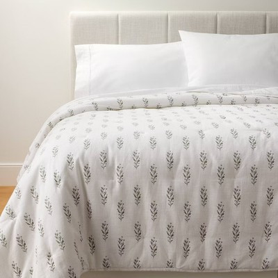 Full/Queen Lofty Cotton Slub Wood Block Floral Quilt White - Threshold designed | eBay | eBay US