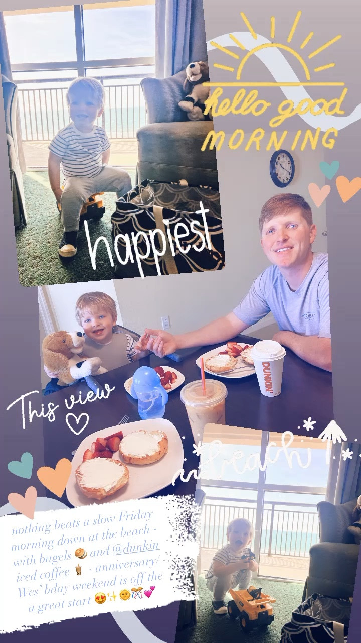 nothing beats a slow Friday morning down at the beach - with bagels 🥯 and @dunkin iced coffee 🧋 - anniversary/Wes’ bday weekend is off the a great start 😍✨🌞🎊💕

#LTKtravel #LTKfamily #LTKbaby
