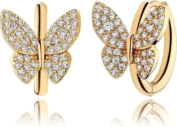 Mevecco 18K Gold Plated Huggie Earrings Dainty Shining White Cubic Zirconia Geometry Beads Butter... | Amazon (US)