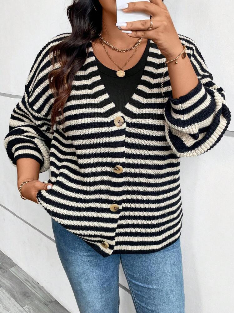 SHEIN LUNE Plus Size Striped Drop Shoulder Loose Cardigan Sweaterbusiness Casual Woman,Holiday Ou... | SHEIN