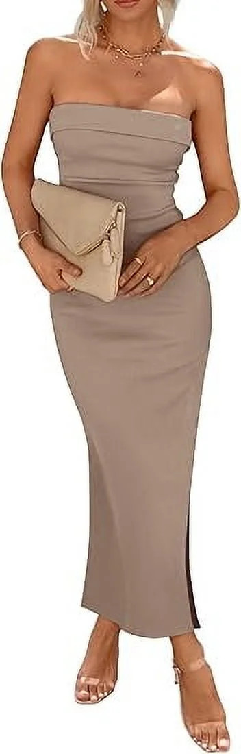 PRETTYGARDEN Women's Summer Bodycon Maxi Tube Dress Ribbed Strapless Side Slit Long Going Out Cas... | Walmart (US)