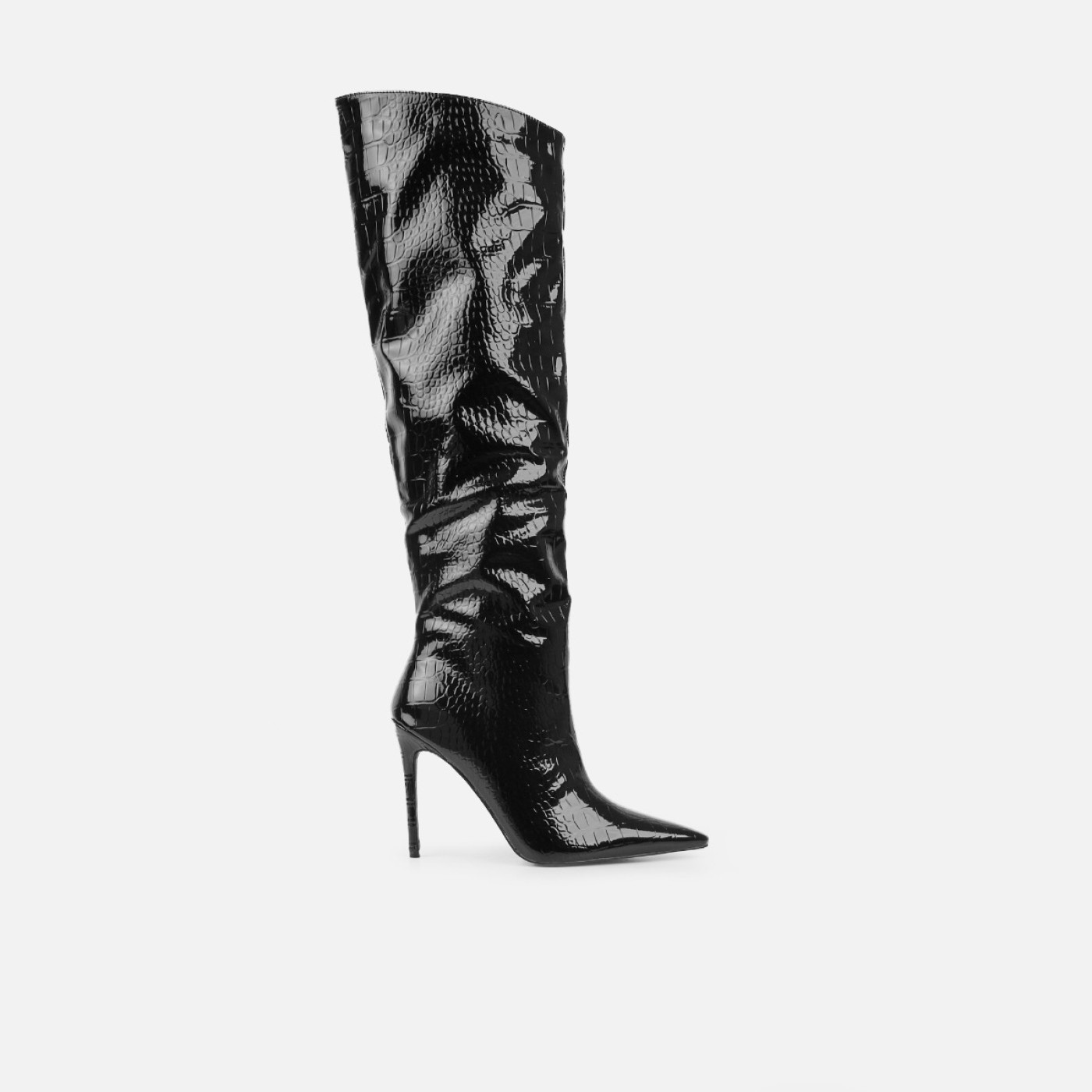 Jairo Black Patent Faux Croc Knee High Boots | Simmi Shoes