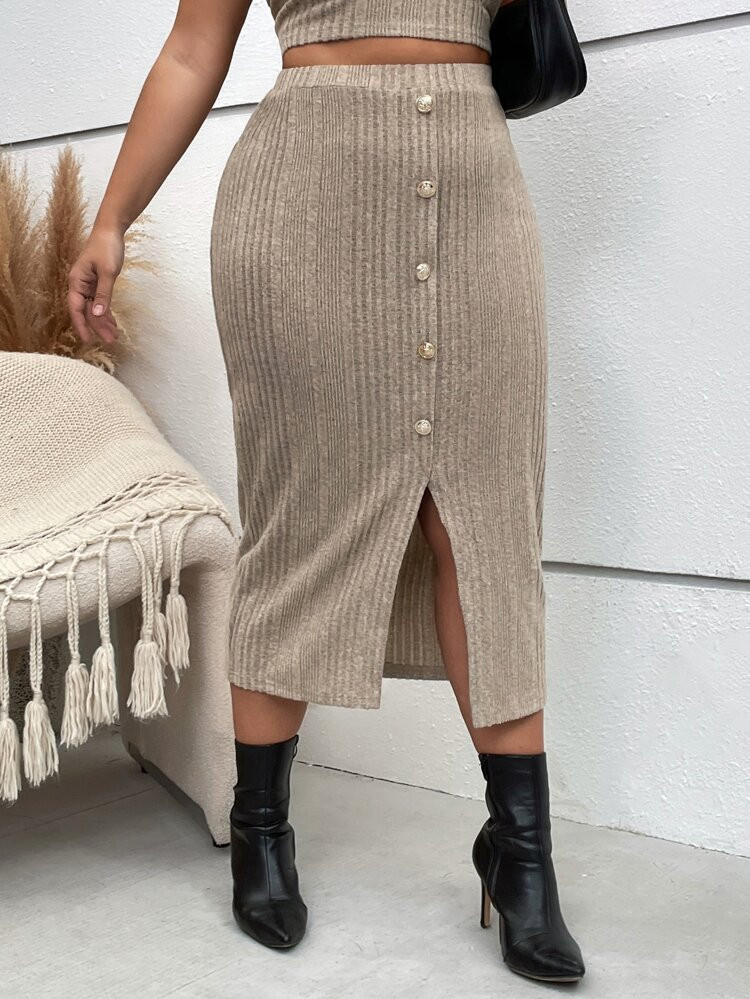 Plus Button Detail Split Hem Skirt | SHEIN