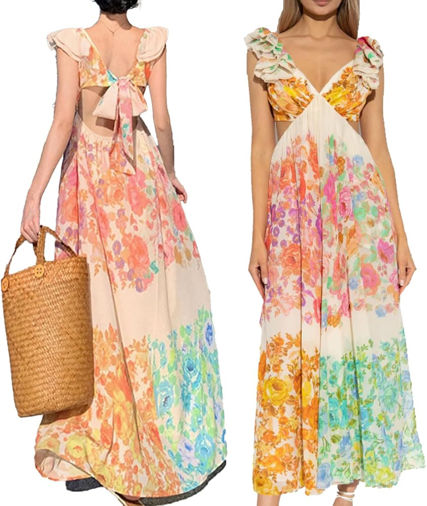 Aurelio Floral Summer Dress, Women's Boho Flowy V-Neck Floral Midi Dress Smocked Spring Fall Wedd... | Amazon (US)