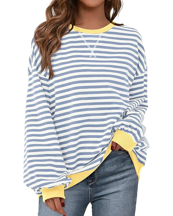 BTFBM Womens Oversized Striped Sweatshirt Crewneck Long Sleeve Pullover Top Casual Y2K Fall Cloth... | Amazon (US)