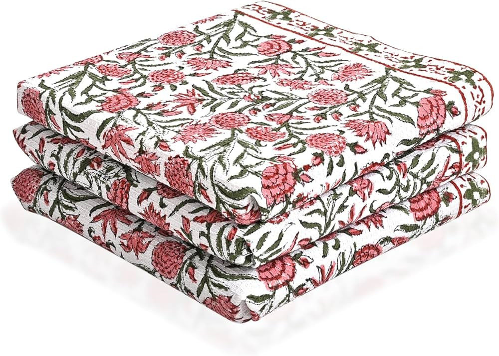 CPC Red Garnet Hand Block Print Waffle Kitchen Towel Set of 3-16 x 28 Inch Ultra Absorbent Quick ... | Amazon (US)