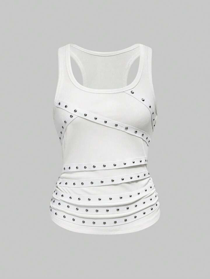 ROMWE Grunge Punk Street Punk Studded Music Festival Sexy Sleeveless Studded Strap Summer Plus Size Black Camisole Tank Top | SHEIN