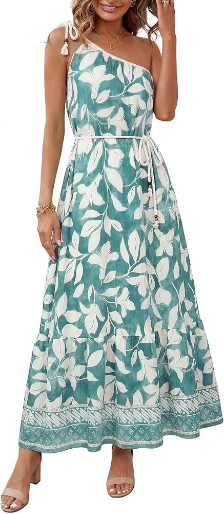 Glamaker Womens Summer One Shoulder Maxi Dress Casual Sleeveless Printed Flowy Boho Beach Long Su... | Amazon (US)
