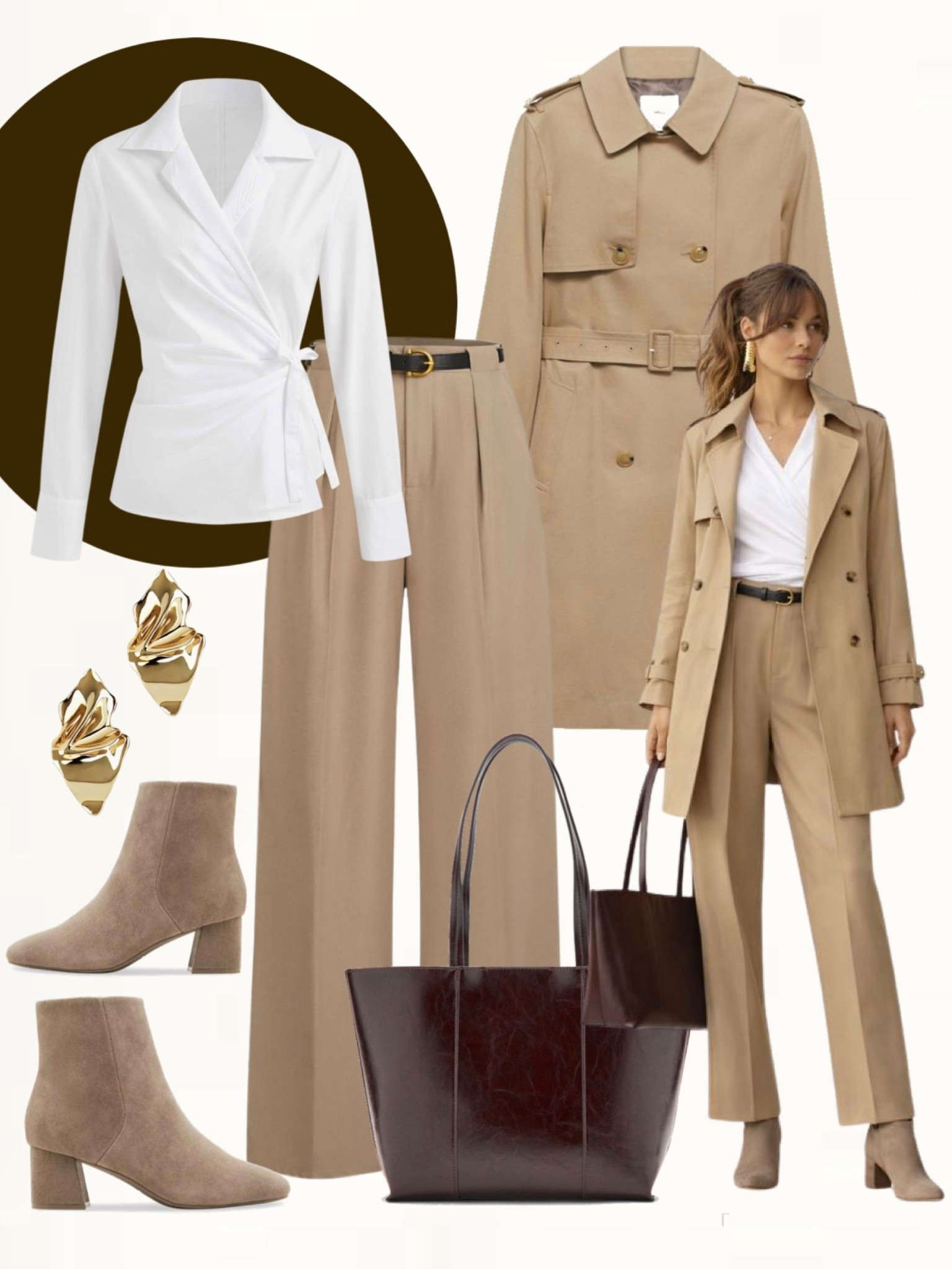 Beige trench coat layered over a white wrap blouse, beige tailored trousers, beige ankle boots, dark brown tote bag, and gold sculptural earrings.
#springoutfit #classicstyle #workwearfashion

#LTKootd #LTKWorkwear #LTKOver40
