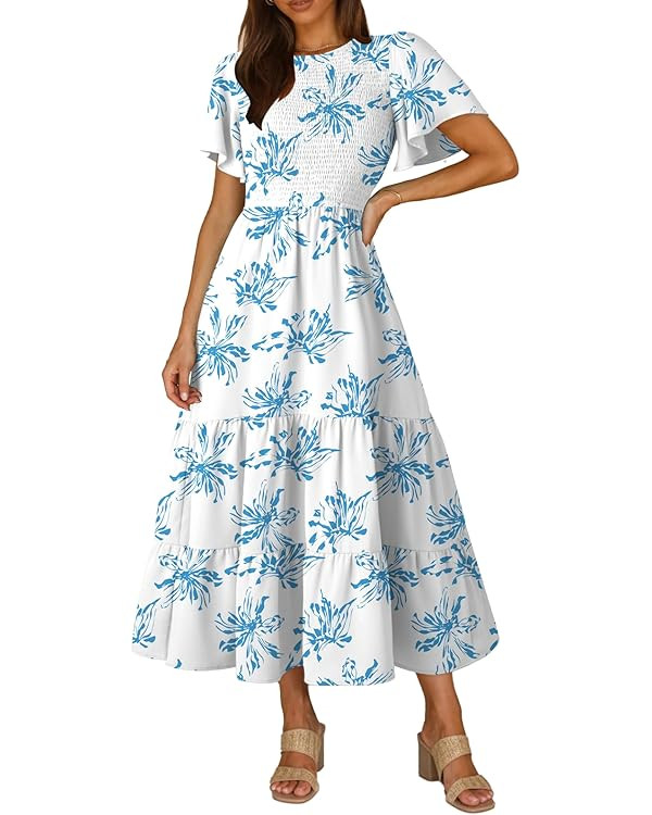 Pink Queen Women's Casual Maxi Dresses with Pockets Ruffle Sleeve Smocked Dress | Amazon (US)