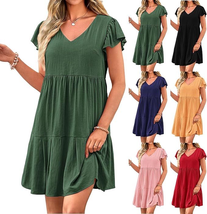 Women's 2024 Summer Dresses Ruffle Cap Sleeve Casual V Neck Short Dress Pleated Tiered Flowy Swin... | Amazon (US)
