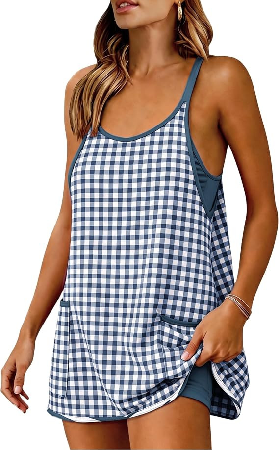 Yidarer Womens Gingham Athletic Mini Dress Built-in Shorts | Tennis workout dress, Spaghetti stra... | Amazon (US)