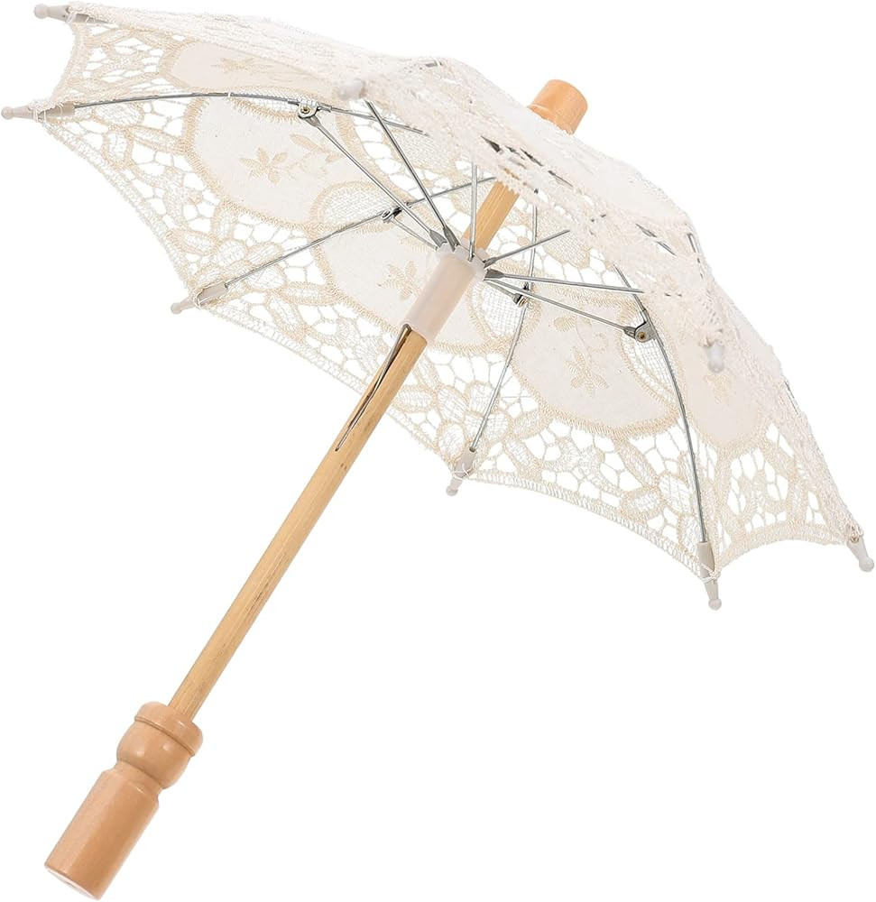 White Lace Umbrella Parasol Vintage Wedding Bridal Umbrella White Cotton Umbrella with Wooden Han... | Amazon (US)