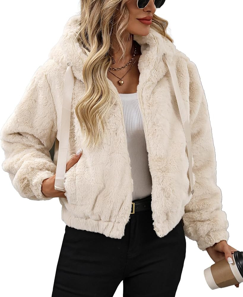 Women's Faux Fur Crop Coat Full Zip Fleece Sherpa Jacket with Hood | Amazon (US)