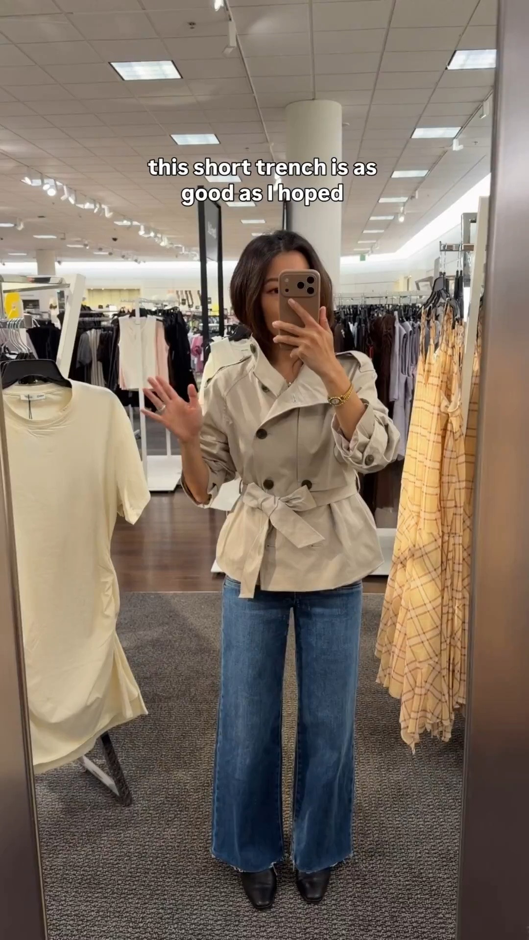 Trying on this Nsale belted short trench coat my store only had size small, but I'd be XXS.
• Paige Anessa cropped jeans size 24. Soft and stretchy and perfect length for shorter petites as full length. Mine are an older wash. 
• Steve Madden boots 5.5 from last year 

Nordstrom anniversary sale, petite friendly items

#LTKPetite #LTKSaleAlert #LTKmomlife
