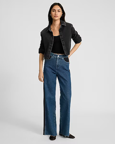 High Waisted Dark Wash Side Stripe Raw Hem Wide Leg Jeans | Express