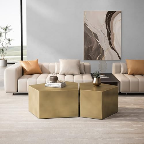 KEVINSPACE Nesting Coffee Table Set of 2, Modern Irregular Coffee Table, Wooden Circle Accent Tables for Small Spaces Living Room Bedroom Balcony Office Drum Side Table Installation-Free Gold | Amazon (US)