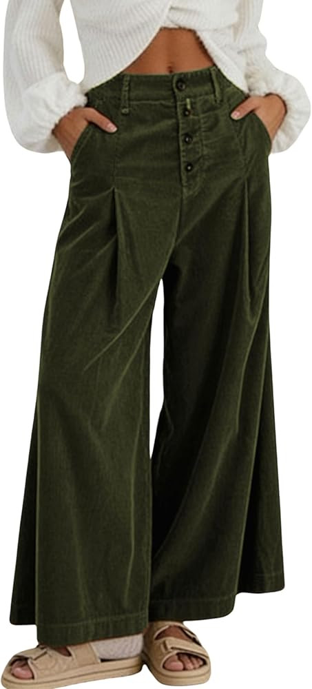 Hooever Womens Corduroy Pants High Waisted Button Down Wide Leg Straight Trousers Palazzo Pants | Amazon (US)