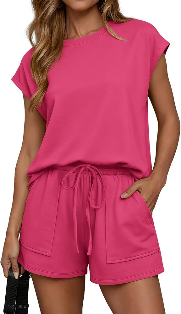 ATHMILE Womens Two Piece Crew Neck Short Sets Cap Sleeve Drawstring Spring Summer Sweatsuit with ... | Amazon (US)