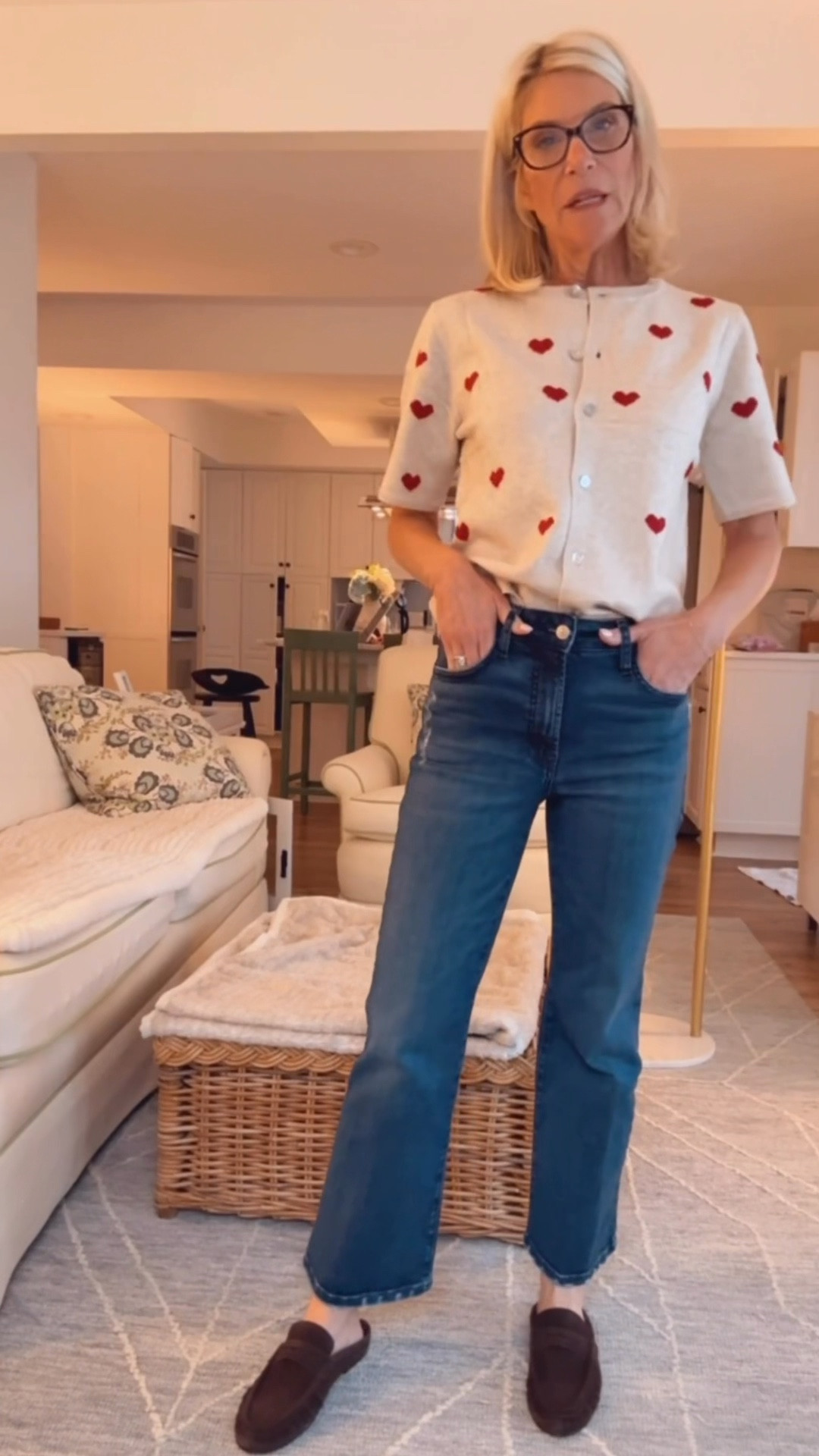 This heart sweater is such a fun piece. Styled it with cropped jeans and brown suede mule loafers for a simple, cozy outfit.

#LTKootd #LTKOver40