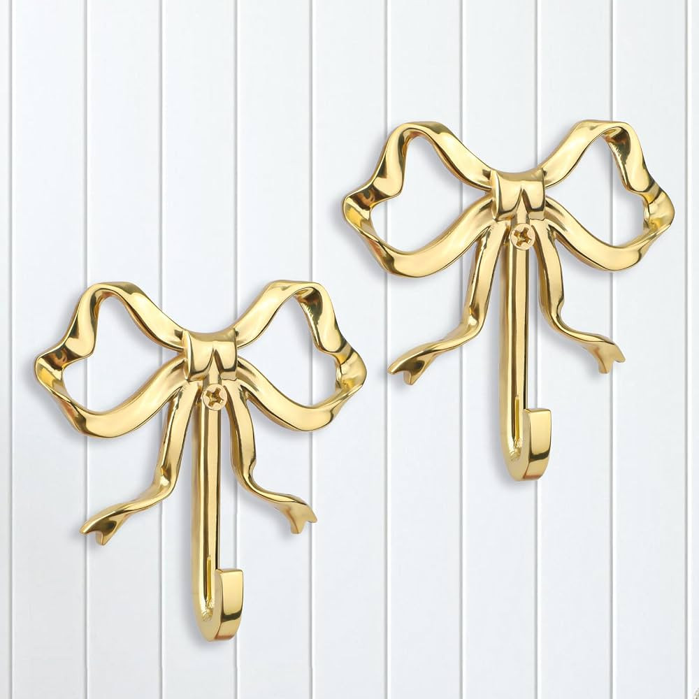 2pcs Bow Knot Hooks Brass, 2.6x2.6 Inch Cute Butterfly Wall Hooks Decorative Gold Coat Holder Wal... | Amazon (US)