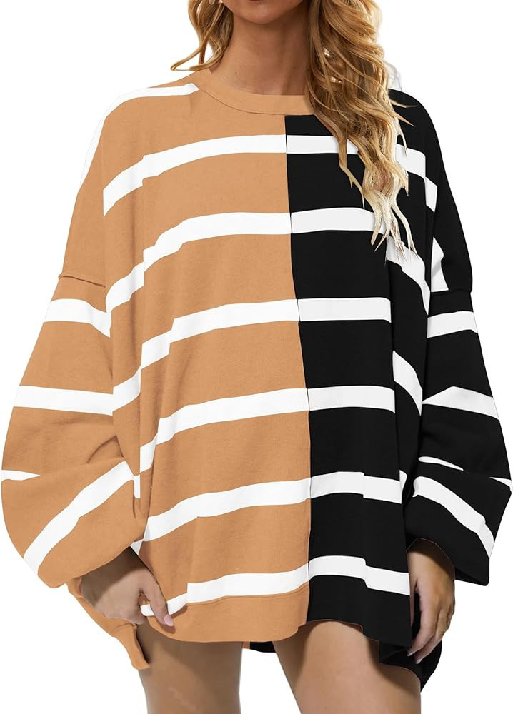 MISSACTIVER Women’s Oversized Striped Pullover Sweater Casual Loose Long Sleeve Color Block Rou... | Amazon (US)