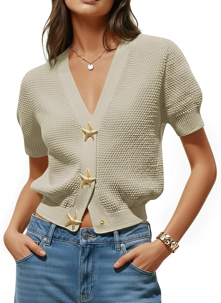 Saodimallsu Womens Puff Short Sleeve Cardigans V Neck Button Down Casual Summer Lightweight Knit ... | Amazon (US)