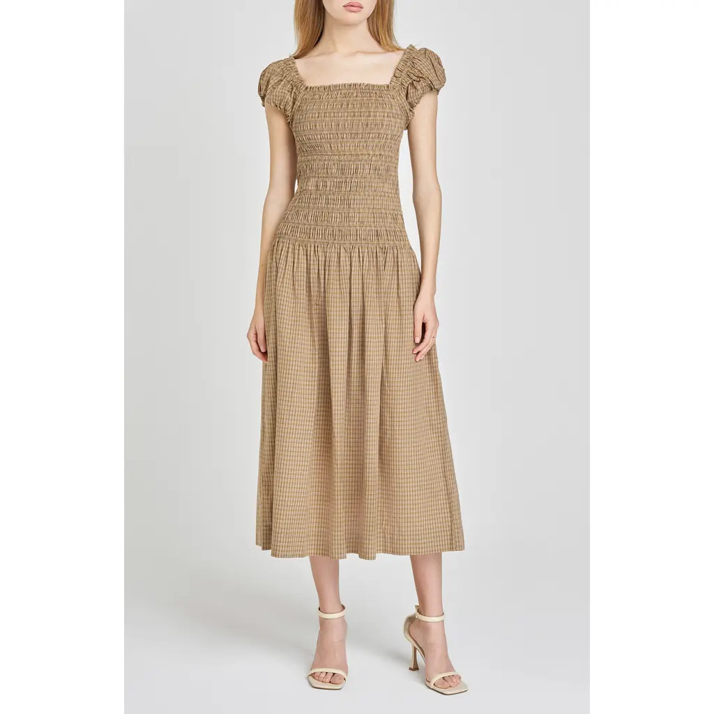 WAYF Cassidy Plaid Smock Bodice Cotton Midi Dress in Khaki Plaid at Nordstrom Rack, Size Small | Nordstrom Rack