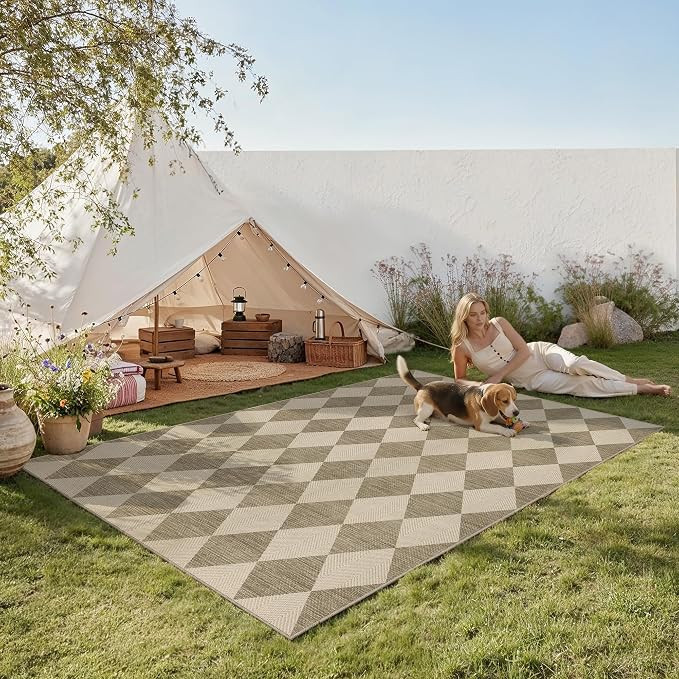 Outdoor Patio Rug 5x7 Beige/White Checkered Area Rug Linen-Look Washable Indoor Outdoor Living Ro... | Amazon (US)