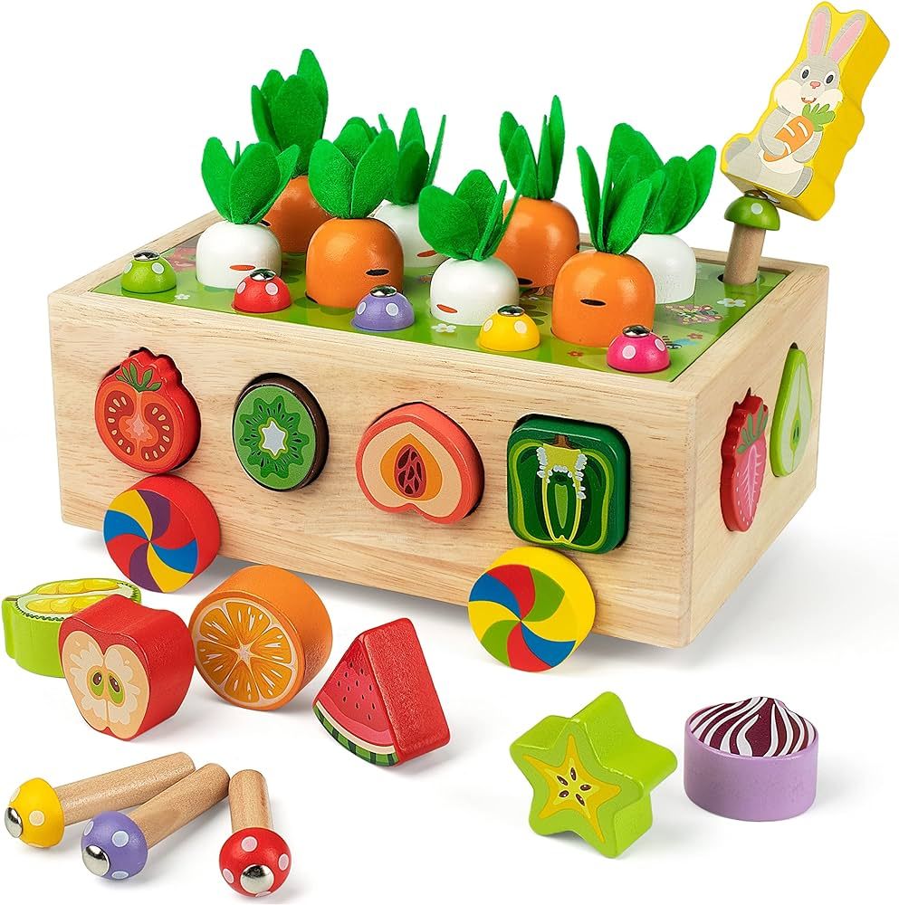 Coogam Montessori Fine Motor Toys for Baby Toddler, Wooden Shape Sorter Carrot Harvest Game, Pres... | Amazon (US)