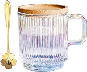 MengCat Glass coffee mug,Iridescent clear mug with Lid, Flower Spoon,Classical Vertical Stripes G... | Amazon (US)