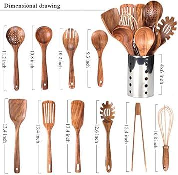 Kitchen Utenails Set with Holder,Kitchen Wooden Utensils for Cooking , Wood Utensil Natural Teak ... | Amazon (US)