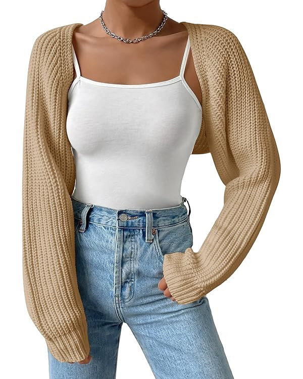 Women's Long Sleeve Open Front Knitted Crop Cardigan Drop Shoulder Knit Bolero Shrug Sweater | Amazon (US)