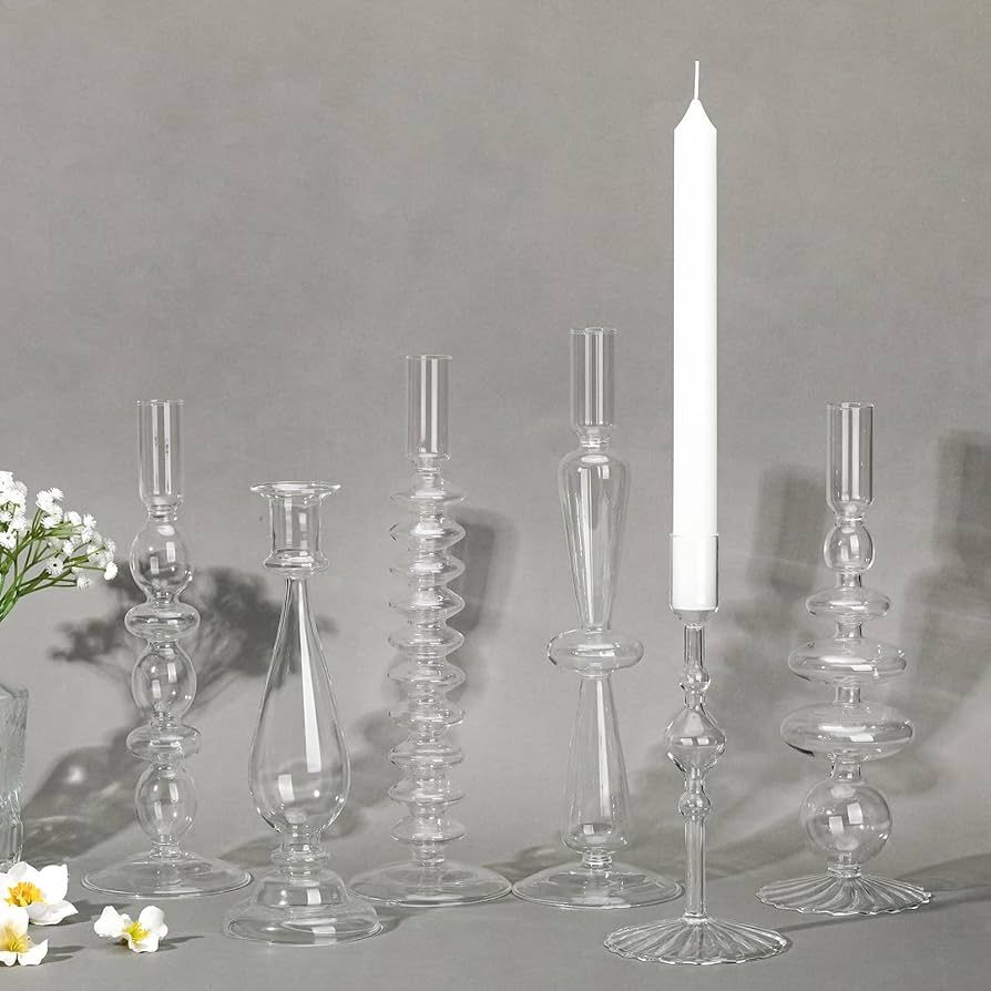Bokon 6 Pcs Glass Candlestick Holders Colorful Glass Taper Candle Holders Stand Clear Wavy Groovy... | Amazon (US)