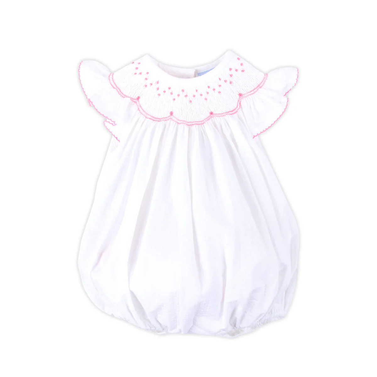 Geo Smocked White Seersucker Angel Sleeve Bubble | Classic Whimsy