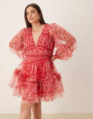 Lace & Beads balloon sleeve organza mini dress in red floral | ASOS (Global)