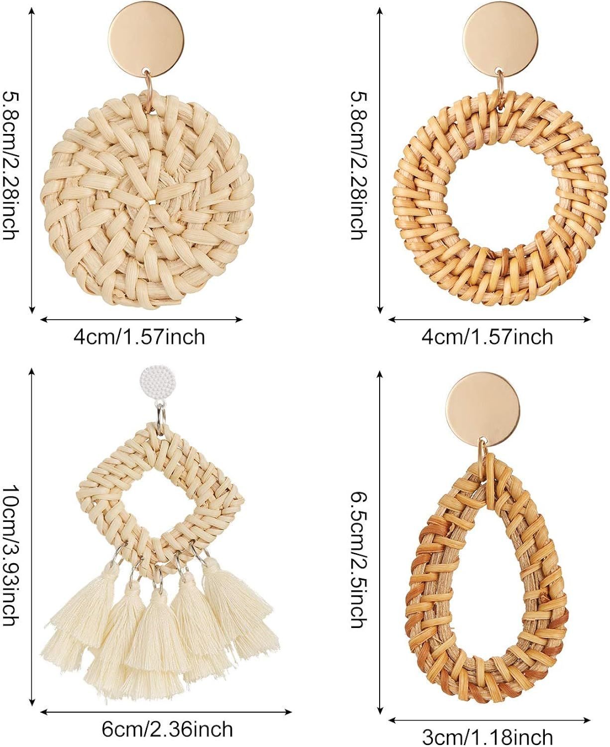 meekoo 4 Pairs Rattan Earrings Tassel Bohemian Earrings Handmade Straw Wicker Braid Hoop Drop Dan... | Amazon (US)