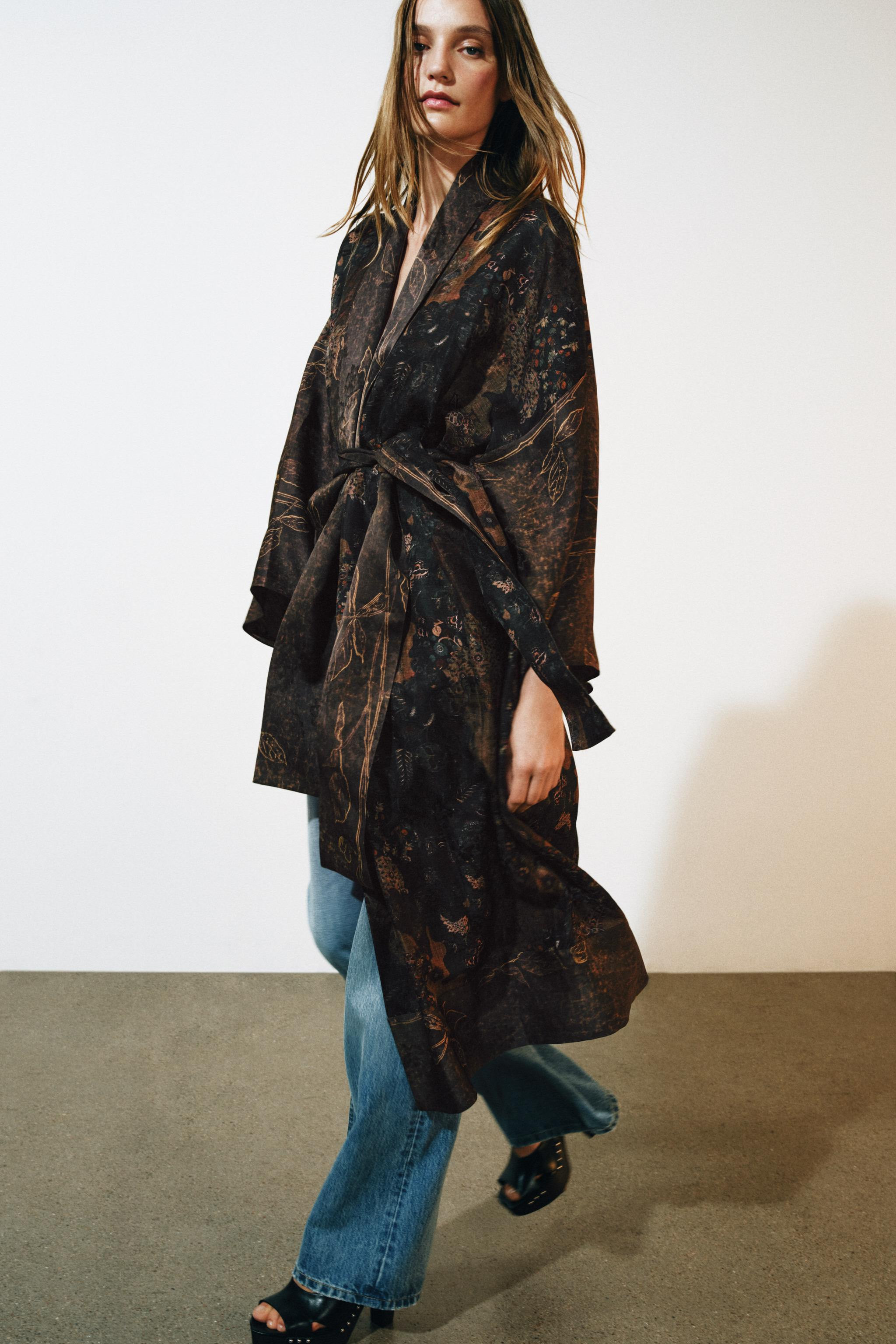 LINEN BLEND JACQUARD LONG KIMONO | Zara US