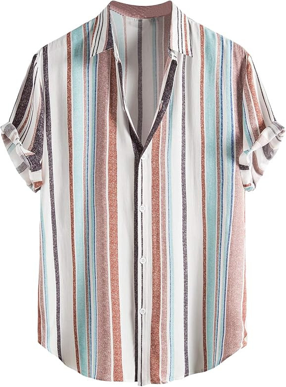 Romwe Men's Striped Short Sleeve Regular Fit Poplin Button Down Shirts | Amazon (US)