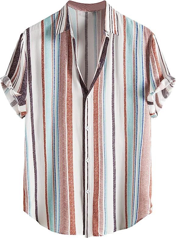 Romwe Men's Striped Short Sleeve Regular Fit Poplin Button Down Shirts | Amazon (US)