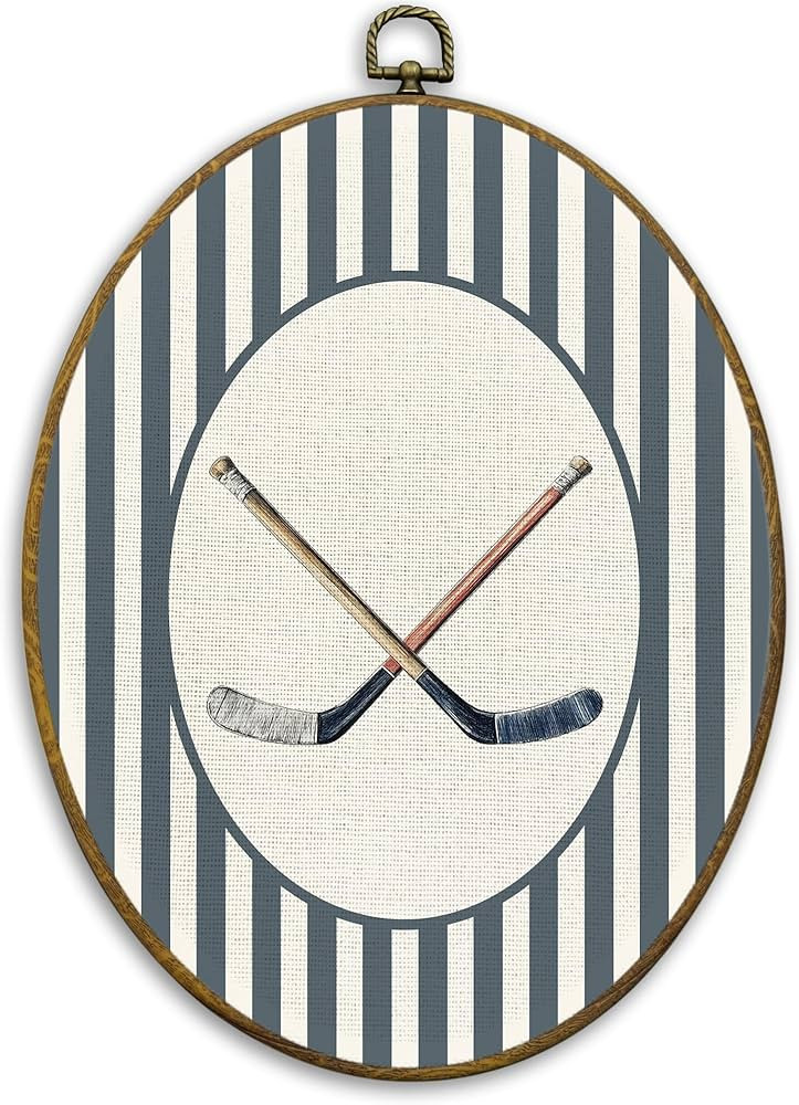 CUANFDDSF Vintage Hockey Nursery Oval Wall Art Decor, Sports Wall Hanging Decor, Blue Striped Hoc... | Amazon (US)