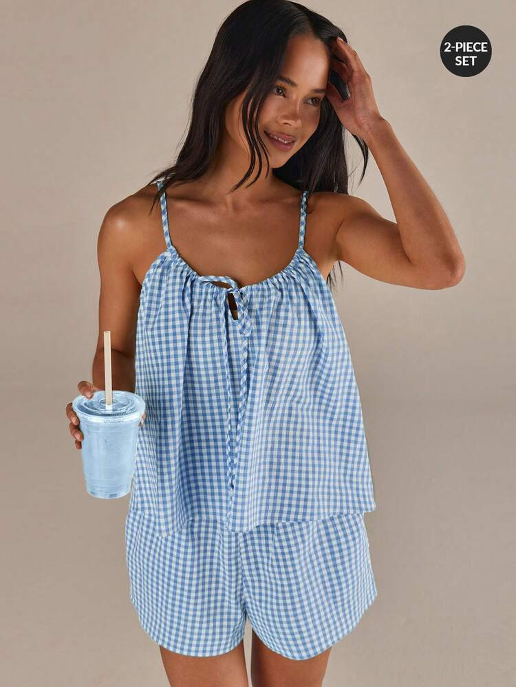 Ath\u00eeral Women's Plaid Chic Sleeveless Off Shoulder Vest Strap And Loose Shorts 2-Piece Set, ... | SHEIN