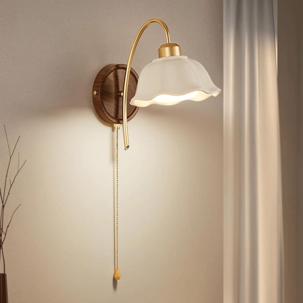 Modern Gold Wall Sconce White Ceramic Wall Lamp Walnut Color Bedside Wall Mount Lamp with Pull Ch... | Amazon (US)