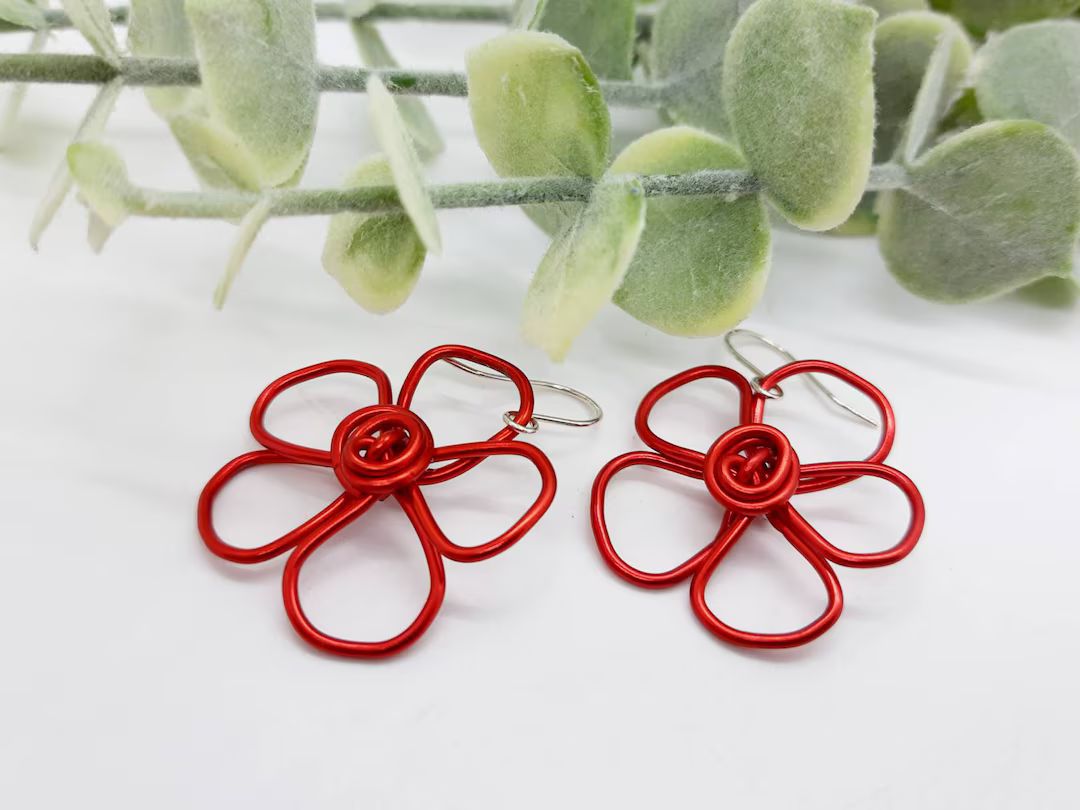 Big red earrings, funky flower earrings, red rose earrings, quirky dangle earrings, handmade jewe... | Etsy (UK)