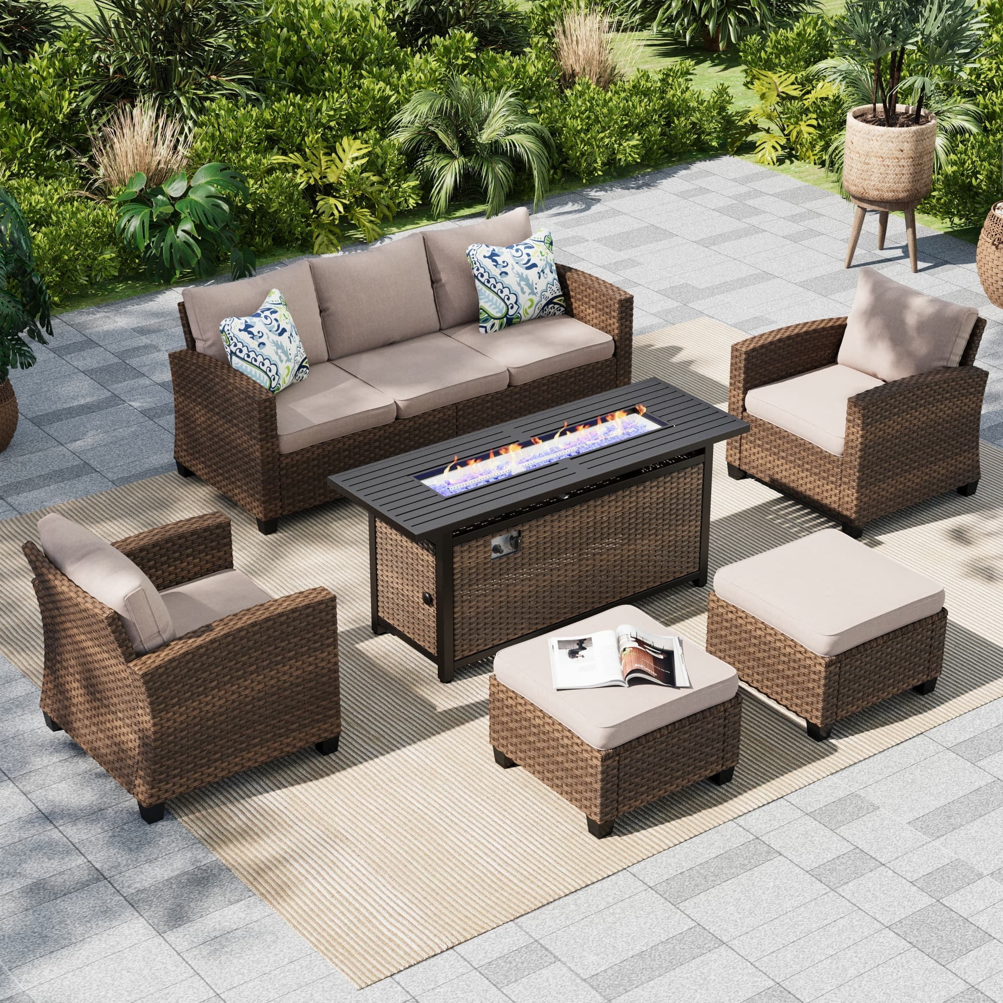 MF Studio 7-Seat Outdoor Patio Furniture Set with Fire Pit Wicker Patio Conversation Set Beige - ... | Walmart (US)
