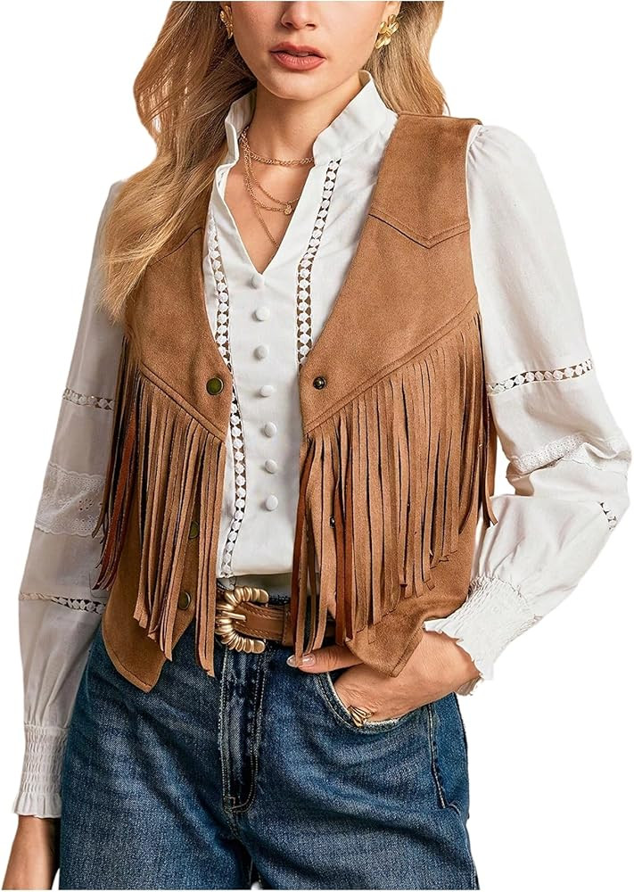 GORGLITTER Women's Western Fringe Vest Fashion Trendy Fall Faux Suede Sleeveless V Neck Button Do... | Amazon (US)